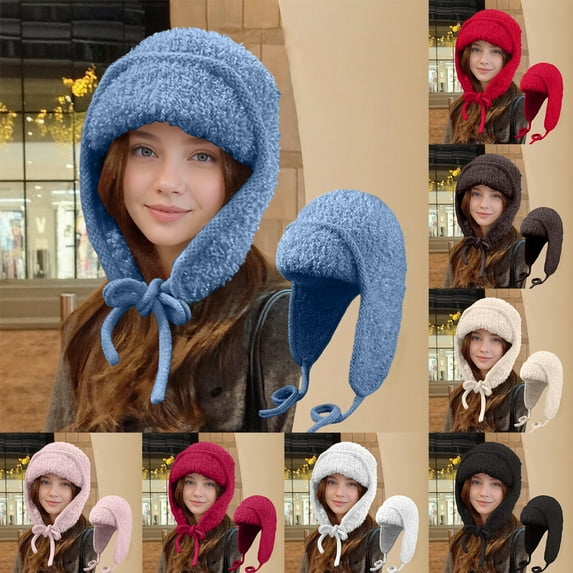 Solid Color Knitted Beanie for Women with Ear Muffs - Cozy Winter Hat for Cold Fall Days Black One Size