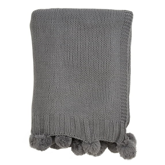 Solid Color Knitted Pom Pom Cozy Throw Blanket - 2 Colors (Grey)