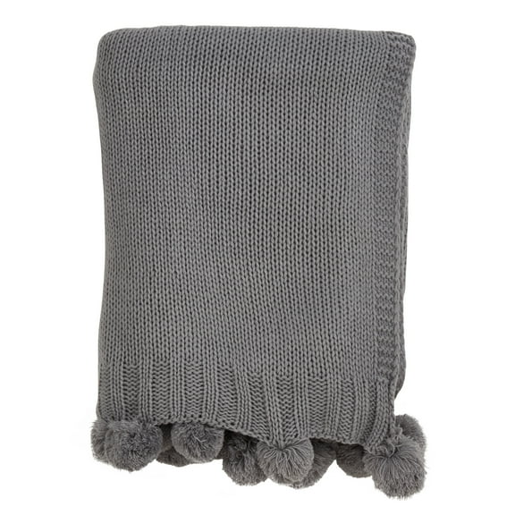 Solid Color Knitted Pom Pom Cozy Throw Blanket - 2 Colors (Grey)