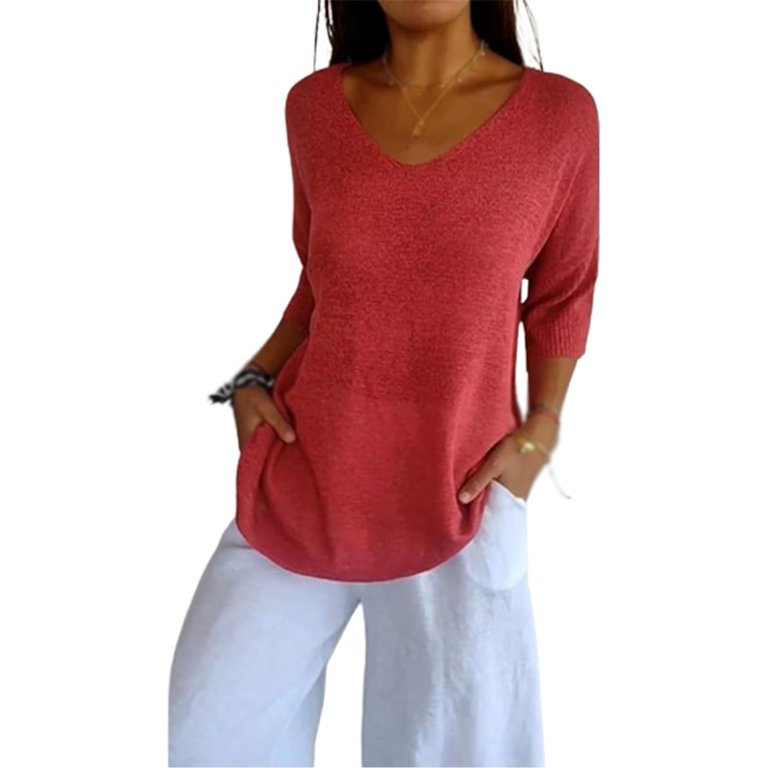 Solid Color Knitted V-Neck Tops Summer Womens Ribbed Fitted Slim-Fit Trendy  Lightweight Sweaters Basic Loose