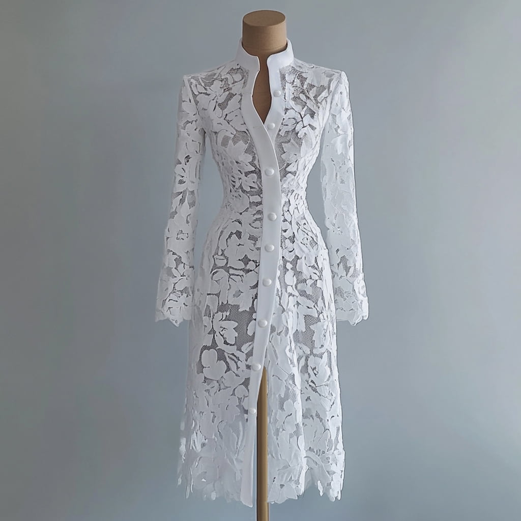 mesh coat dress Solid Color Lace Mesh Midi Dress Mandarin Stand Collar Long Sleeve Coat  Style Dress with Full Button Front Tailored Silhouette Below Knee Cut
