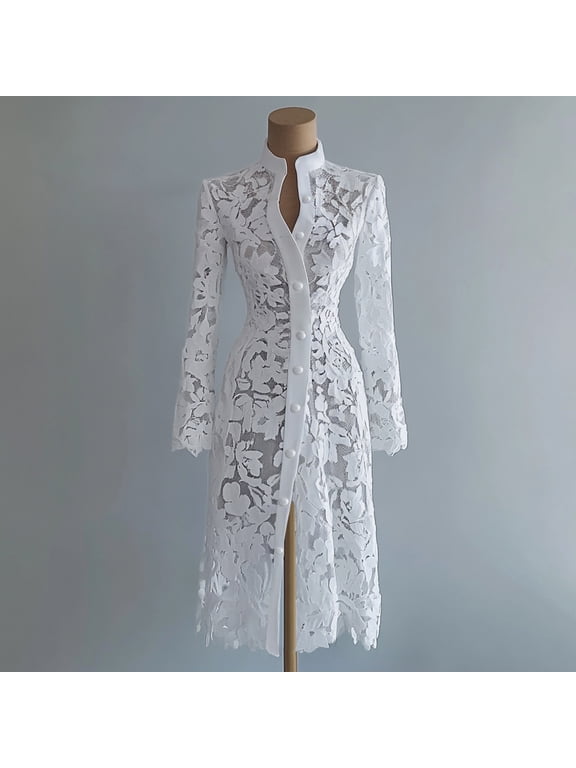 Solid Color Lace Mesh Midi Dress Mandarin Stand Collar Long Sleeve Coat Style Dress with Full Button Front Tailored Silhouette Below Knee Cut