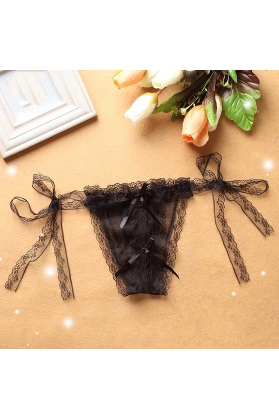 Solid Color Lace Transparent Fashion Open Crotch Slim Thong Lingerie for Women Black One Size