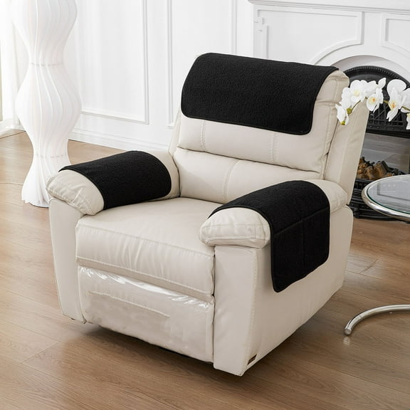 Solid Color Lambskin Sofa Headrest Armrest Cushion with Storage Bag, Chair Arm Cover Towel Rainproof Dirt Scratch Resistant