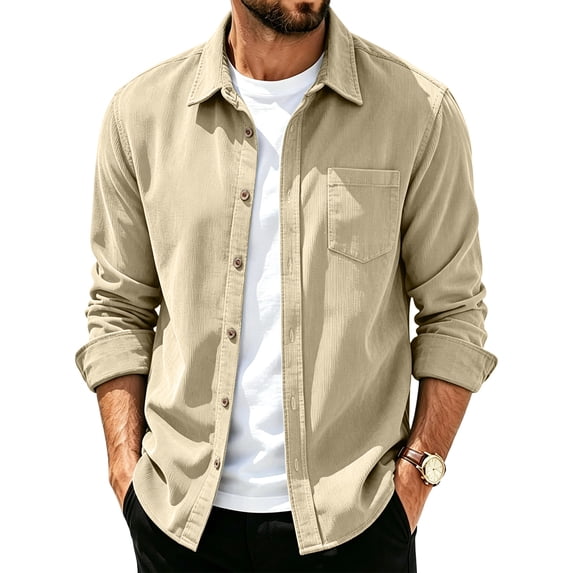 Solid Color Lapel Collar Shacket Jacket, Mens Loose Long Sleeve Button Front Top, Everyday Fall Casual Outerwear