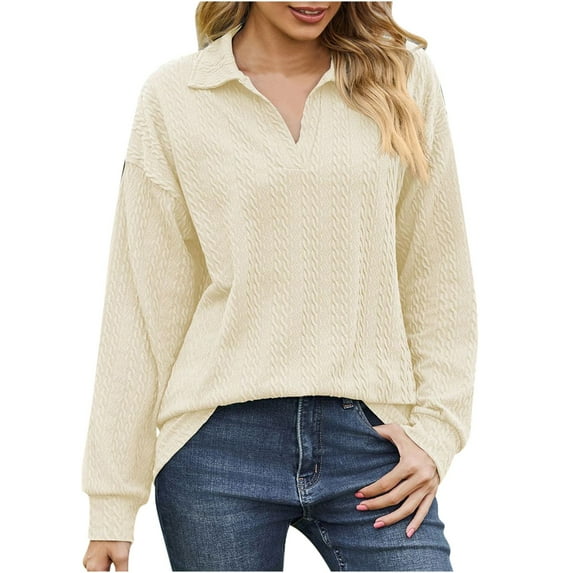 Solid Color Lapel Pullover for Women Winter Long Sleeve Blouse Loose-Fit Casual Tops