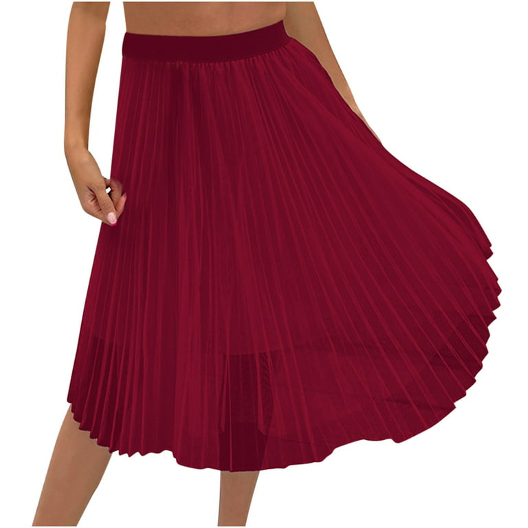 Solid Color Layered Mesh Skirts for Women Stretchy High Waist Pleated Midi  Skirt Summer Flowy Casual A-Line Skirts 