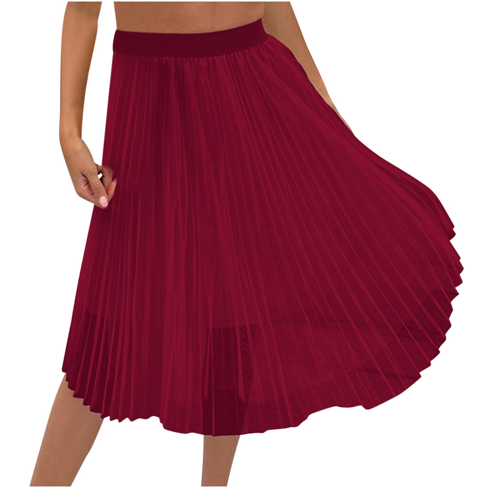 Solid Color Layered Mesh Skirts for Women Stretchy High Waist Pleated Midi  Skirt Winter Flowy Casual A-Line Skirts