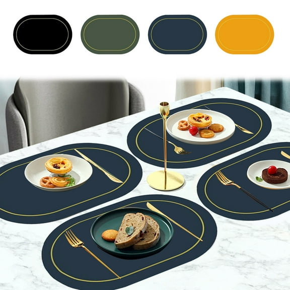 Solid Color Leather Western Dining Mat Oval Oil-Proof Non-Slip Heat Insulation Placemat 17.71x11.8in for Kitchen/Dining(Black),Hulucky