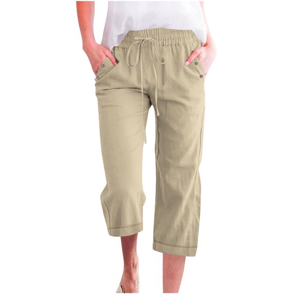 Solid Color Linen Capris Pants Womens Drawstring High Waisted Wide Leg Solid Color Cropped Pants Wide Leg Capris with Pockets Beige XXL
