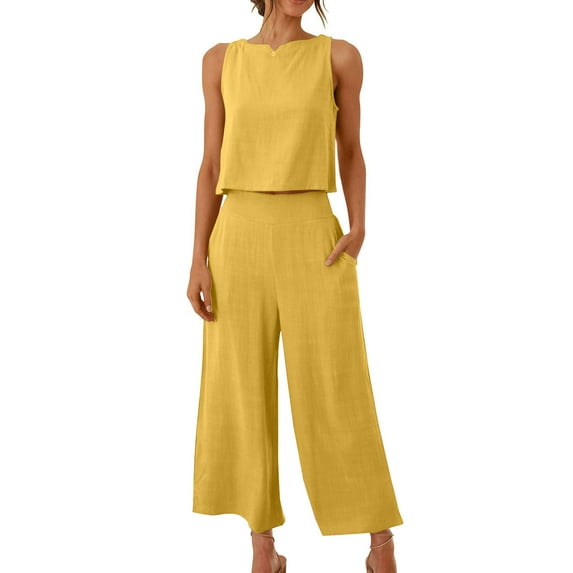 Solid Color Linen Capris Set, Womens Sleeveless Tank Tops and High Waisted Capris Suit, Summer Vacation Casual Outfits with Pockets Women's Travel Outfits Yellow L