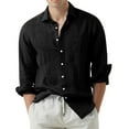 thumbnail image 1 of Solid Color Linen Dress Shirts for Men, Rollable Long Sleeve Pocket Blouse, Wrinkle Textured Linen Material for Travel Business Casual and Resort Outfits Black L, 1 of 6