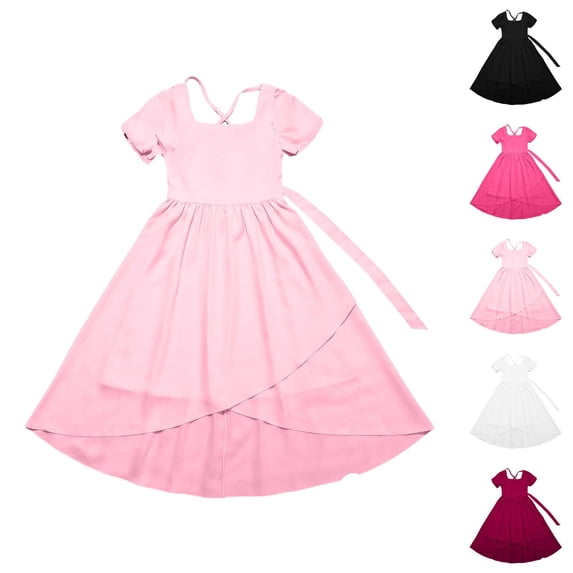 Solid Color Long Dress for Girls 7-13 Years, Sweet Puff Sleeve Square Neck with Ruffled Wide Hem, Elegant Swing Dress 5-14