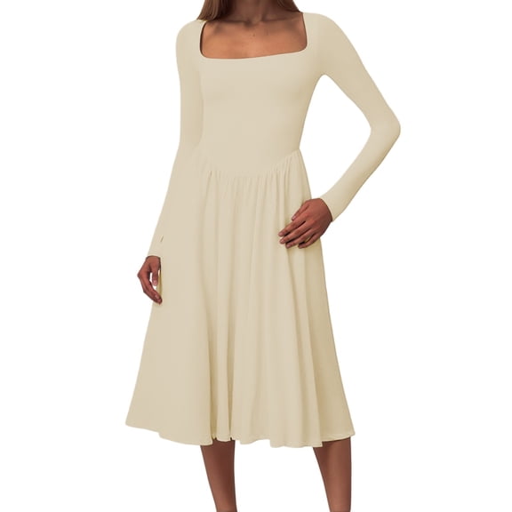 Solid Color Long Dress for Women Square Neckline Long Sleeve Dresses Beige S
