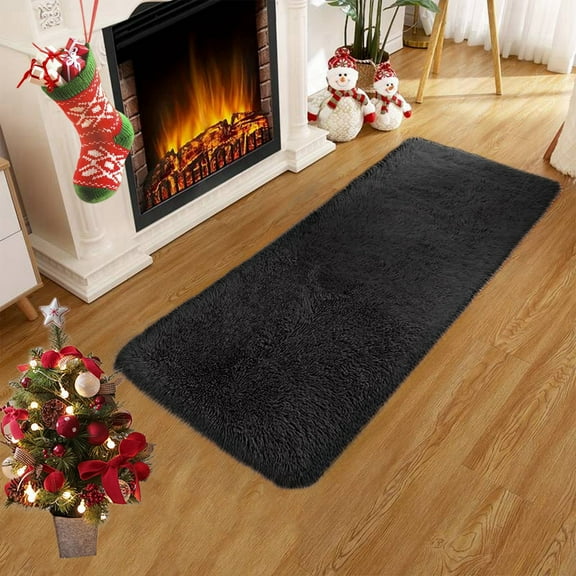 Winter Poetry Upgrade Solid Color Long Plush Bath Mat, 15.7X31.5in Soft Water Absorption Non-Slip Bathroom Rug, Machine Washable for Toilet, Tub, Shower Black