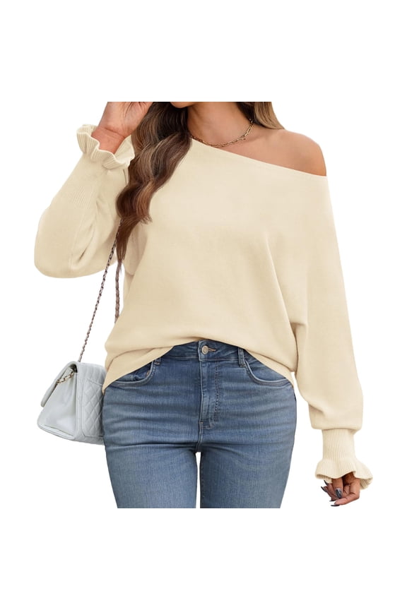 Solid Color Long Sleeve Boat Neck Women Sweater Off Shoulder Batwing Pullover