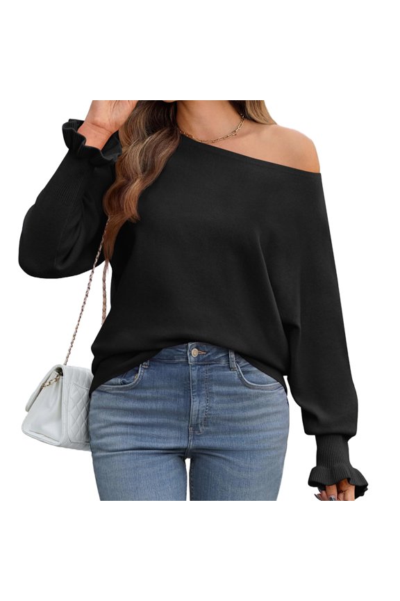 Solid Color Long Sleeve Boat Neck Women Sweater Off Shoulder Batwing Pullover