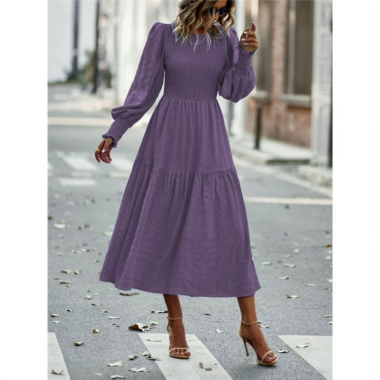 Solid Color Long Sleeve Casual Midi Dress Walmart