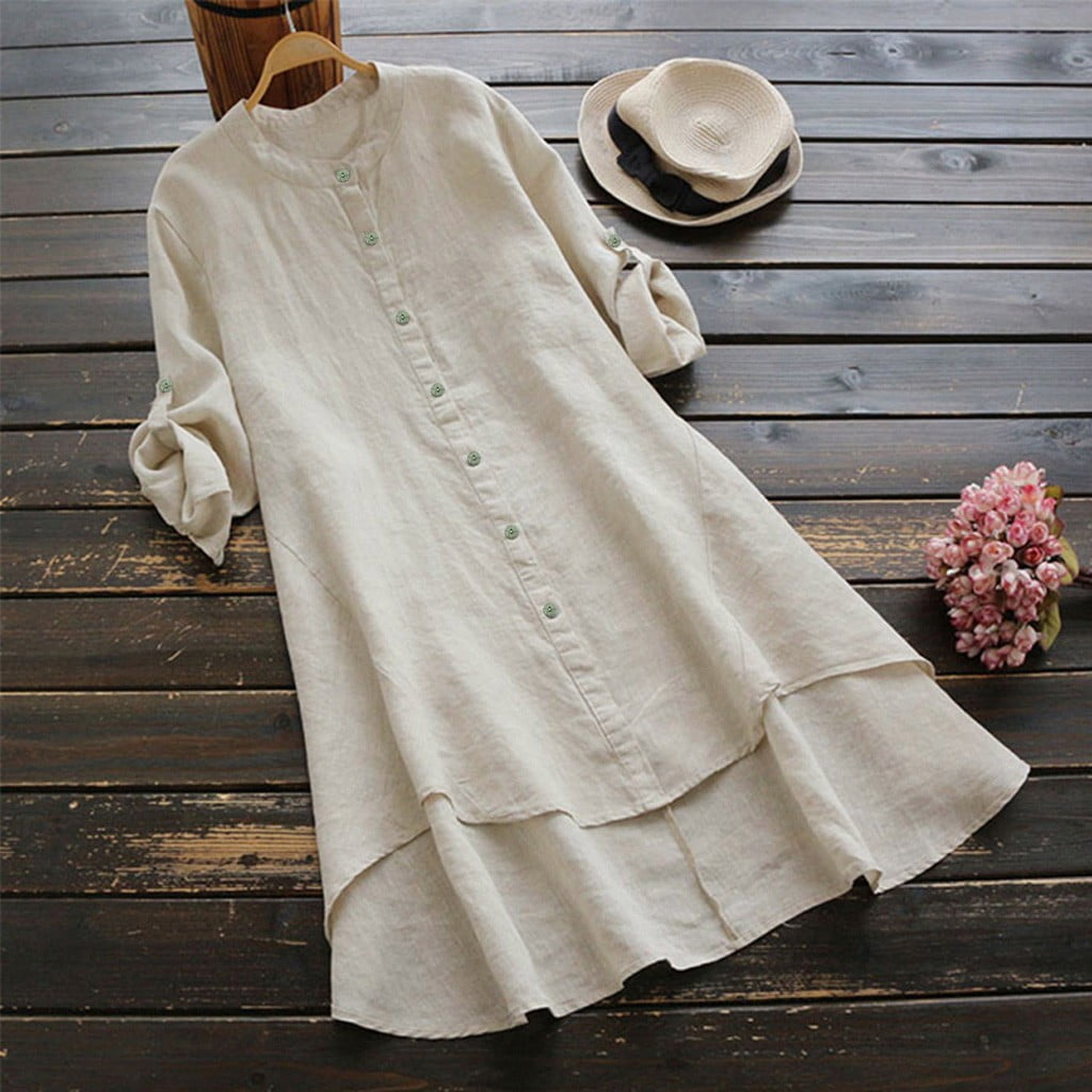 トップス Linen border long sleeves Solid-Color-Long-Sleeve-Full-