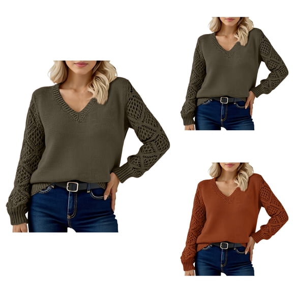 Solid Color Long Sleeve Hollow-Out Yoke Cable Knit Sweater – Soft Comfortable Women's Crewneck Pullover Top for Casual Wear 2025