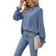 thumbnail image 1 of Solid Color Long Sleeve Ruffle Tie Neck Light Blouse for Women Blue X-Large, 1 of 5