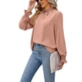 thumbnail image 1 of Solid Color Long Sleeve Ruffle Tie Neck Light Blouse for Women Pink Small, 1 of 5