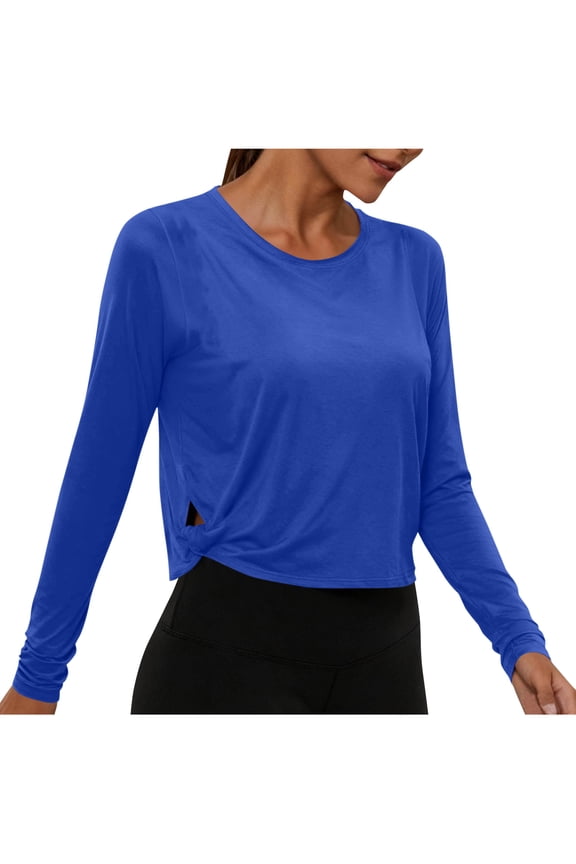 Solid Color Long Sleeve Tops Womens Casual Sports T-Shirt Fashion Crewneck with Side Cut Out Blouse, Soft Basic Comfortable Workout Lightweight Gym Athletic Yoga Breathable Leisure Shirt