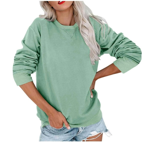 Solid Color Long Sleeve Tops for Women Winter Round Neck Pullover Trendy Loose Casual T-Shirt
