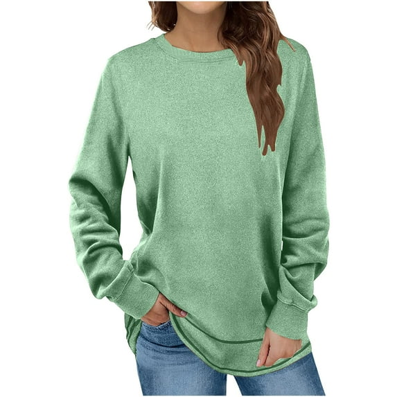 Solid Color Long Sleeve Tops for Women Winter Round Neck Pullover Trendy Loose Casual T-Shirt