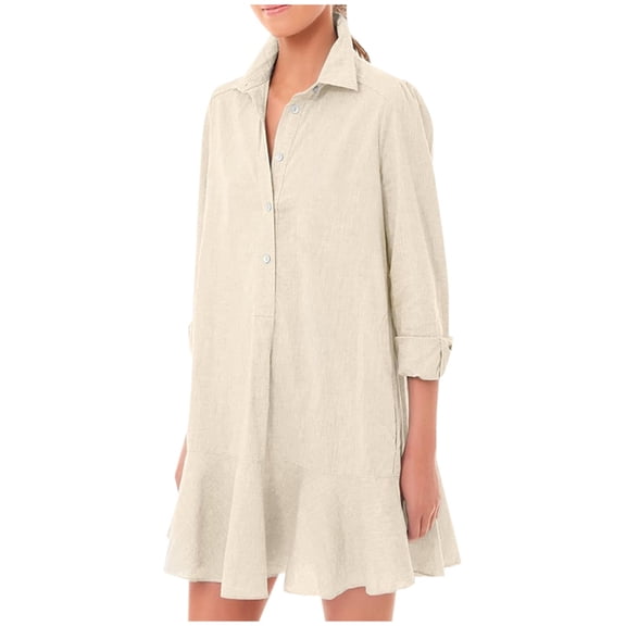 Solid Color Long Sleeve Turn Down Shirt Dress For Women With Ruffled Hem Mini Dresses for Women Casual Long Sleeve Women Casual Dress T Shirt Dress for Women Knee Length Womens Strapless Dresses Long