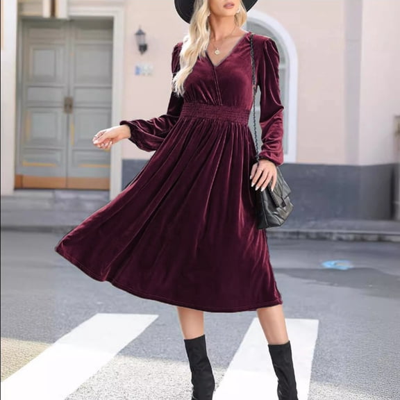 Solid Color Long Sleeved Dress For Outer Wear European And Commuting Style V Neck Wrinkled High Waisted Long Dress For Women Summer Dresses with Long Sleeves Wrap Dresses Dresses for Women plus Size