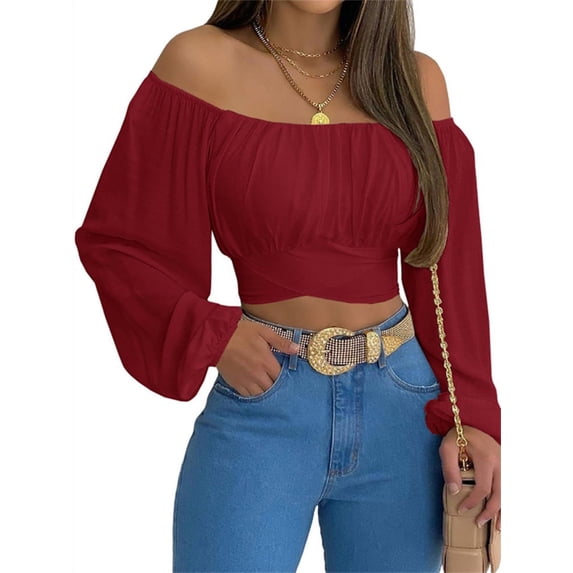 Solid Color Long Sleeved Women Off Shoulder Crop Tops Sexy Blouse