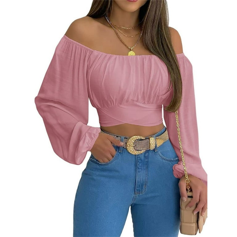 Sexy off Shoulder Tops for Women Summer Solid Color Long Sleeve Shirts for  Women Loose Casual Comfy Blouse Cute Tees at  Women's Clothing store