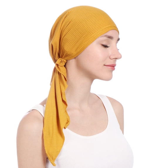Solid Color Long Tail Turban, Elastic Muslim Hijab Cap with Cotton Blend Fabric, Comfortable Head Wrap for Daily Wear, Prayer, and Modest Fashion-Yellow