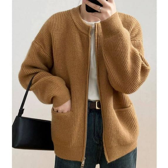 Solid Color Loose Knit Cardigan for Women with Dual Zippers and Pockets
