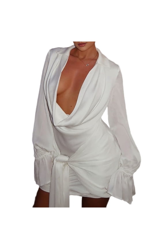 Solid Color Low-Cut Halter Neck Long Sleeve High Waist Bodycon Dress White M