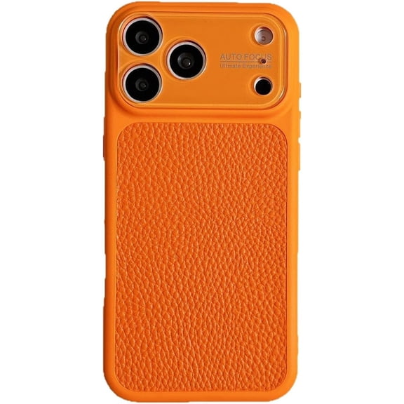 Solid Color Lychee Peel Leather Pattern Camera Protect Phone Case for iPhone (Orange,iPhone 15)