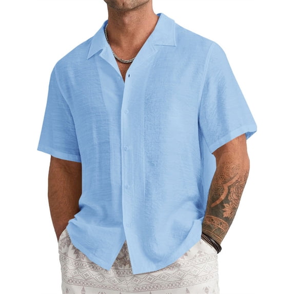 Solid Color Male Casual Button Blouse Short Sleeved Tops