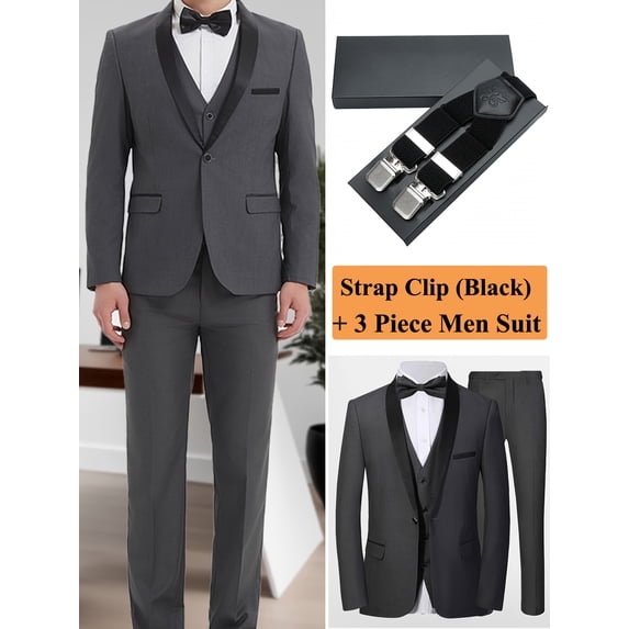 Solid Color Men'S 4pcs Suit Set with Shawl Collar, Single Button Jacket with Flap Pockets, Vest Black Strap Clips Pleated Trousers, Classic and Elegant Design, Perfect for Weddings Business Proms