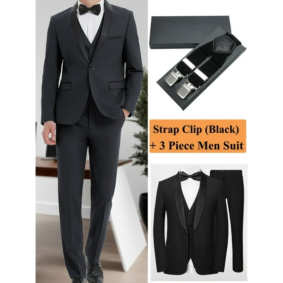 Solid Color Men'S 4pcs Suit Set with Shawl Collar, Single Button Jacket with Flap Pockets, Vest Black Strap Clips Pleated Trousers, Classic and Elegant Design, Perfect for Weddings Business Proms