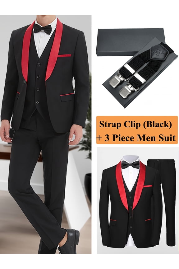 Solid Color Men'S 4pcs Suit Set with Shawl Collar, Single Button Jacket with Flap Pockets, Vest Black Strap Clips Pleated Trousers, Classic and Elegant Design, Perfect for Weddings Business Proms