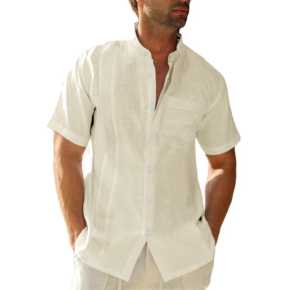 Solid Color Men Short Sleeved Stand Collar Button Blouse With Pocket