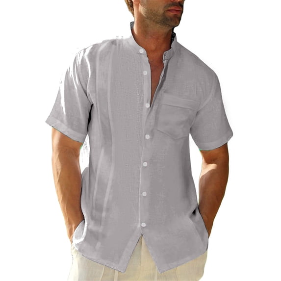 Solid Color Men Short Sleeved Stand Collar Button Blouse With Pocket