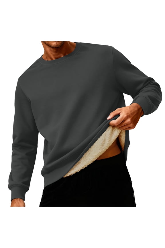 Solid Color Men's Winter Fleece-Lined Crewneck Sweatshirt | Oversized Warm Thick Solid Color For Casual & Daily Wear,Dark Gray,L