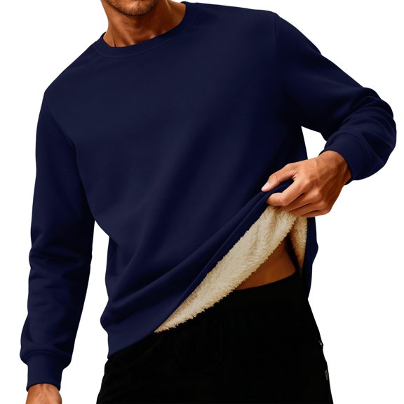 Solid Color Men's Winter Fleece-Lined Crewneck Sweatshirt | Oversized Warm Thick Solid Color For Casual & Daily Wear,Navy,XL