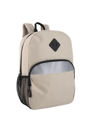17" Backpack – Reflective School Backpack with Padded Straps, Water Bottle Pockets for Kids & Adults, School Travel Camp (Khaki)