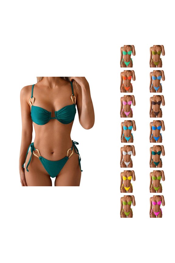 Solid Color Metal Ring Bikini Two Piece Swimwear Top And High Waist Bottom
