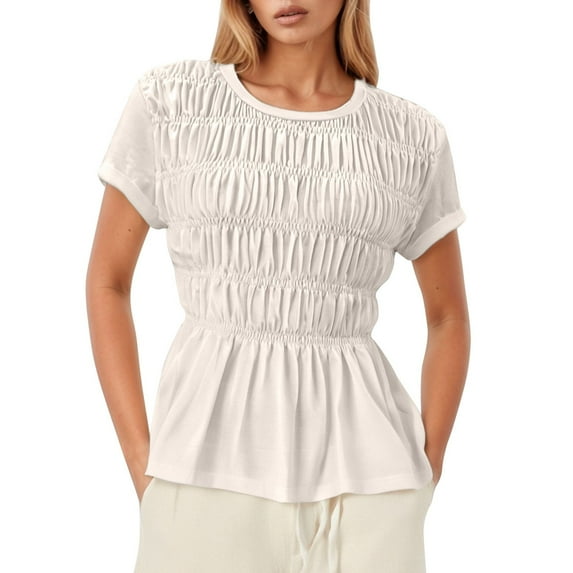 Solid Color Minimalist Fashion Pleated Round Neck Top For Women