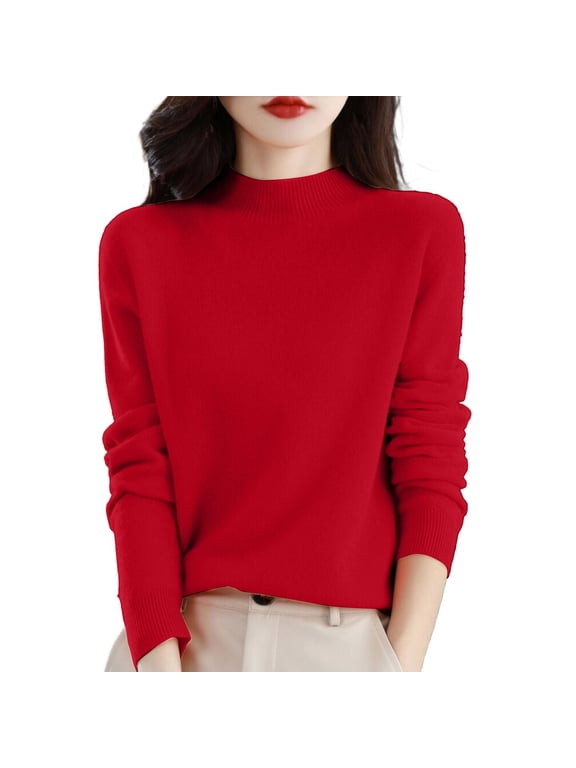 Solid Color Mock Neck Sweaters, Long Sleeve Knit Pullover Sweaters for Women Modest Tops Fashion Clothing Vintage Sweater Womens College Ladies Casual Tops Chunky Basic Tops Plain,Red,L