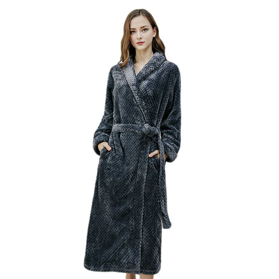Solid Color Nightgown Couple Winter Nightgown Thick Coral Fleece Warm Lace Up Adjustable Belt Turn-down Collar Pockets Mid Length Lady Homewear Spa